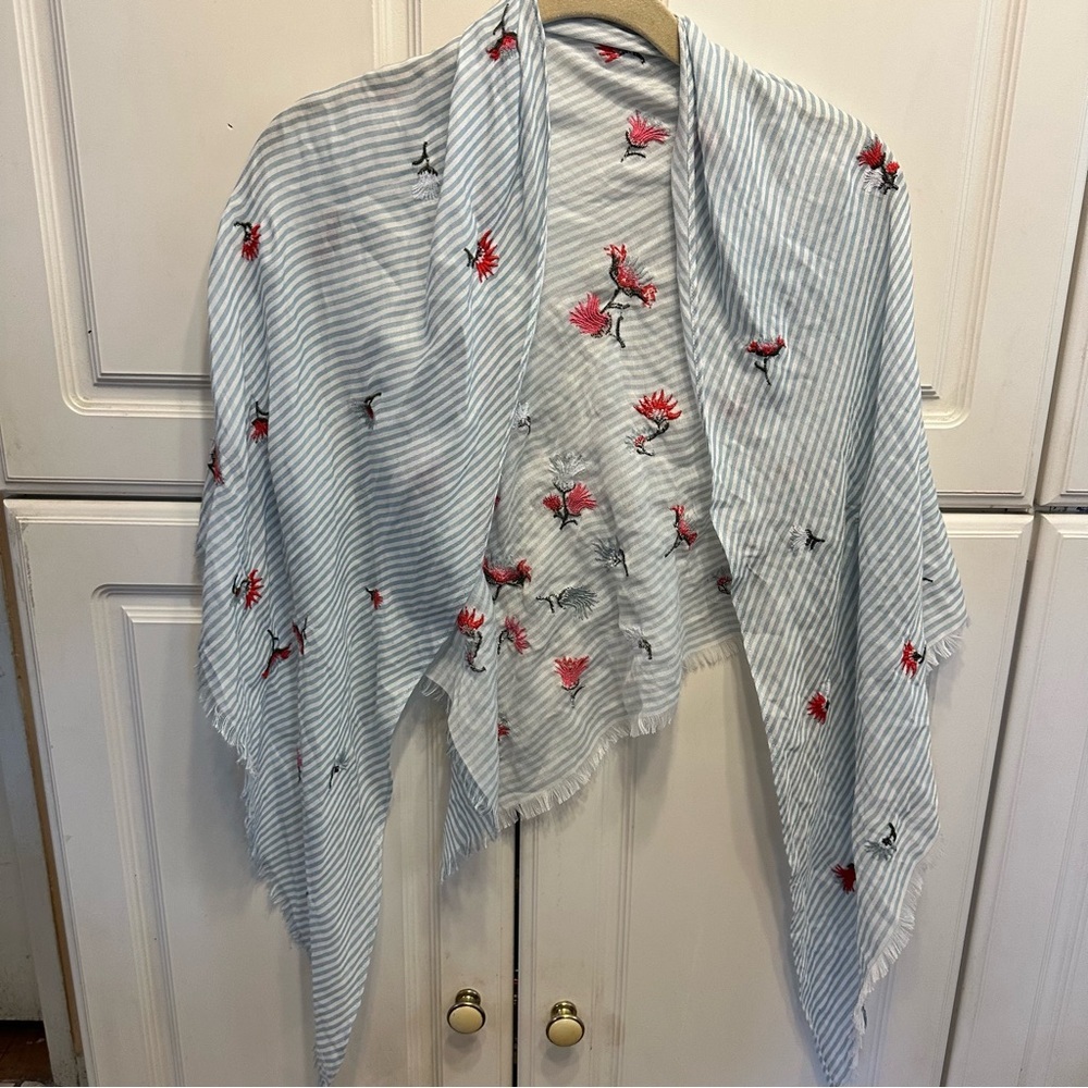 Light Blue Striped Triangle Scarf with Red Floral Embroidery
